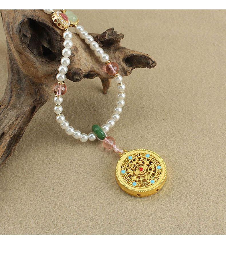 Retro Five Blessings Imitation Pearl Necklace with Cloisonné Pendant - Chinese Style Long Beaded Accessory