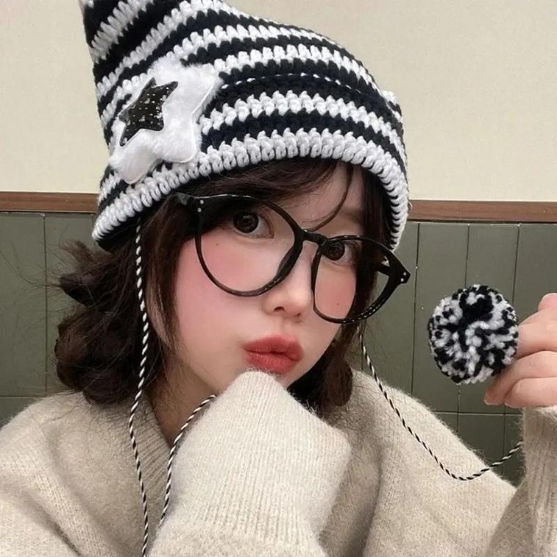 New Cute Cat-ear Warm Woolen Cap for Women, Korean Style Fashionable Pullover Cap, Striped Knitted Cap for Autumn and Winter