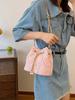 Fashion solid color plaid vintage denim crossbody bag pull rope open and close, suitable for women's daily travel-A-DH
