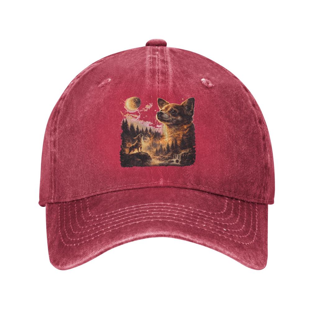 Chihuahua Howling To The Moon Sun Baseball Cap  Y2k Retro FeUnisex Unisex Washed Trucker Hat Baseball Caps Birthday Present