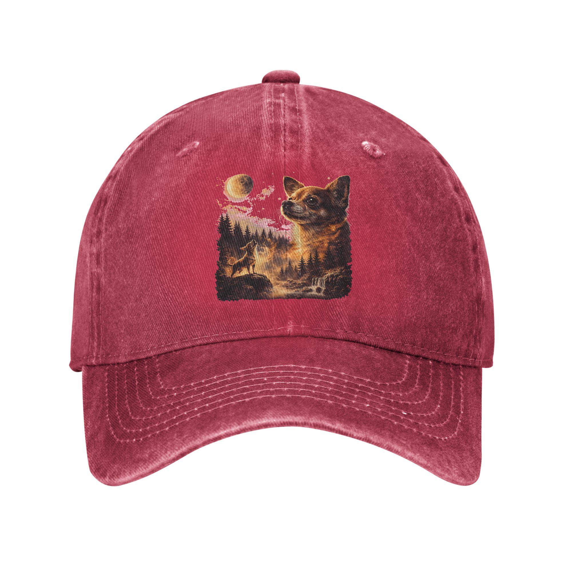 Chihuahua Howling to The Moon Sun Baseball Cap  y2k Retro FeUnisex Unisex Washed Trucker Hat Baseball Caps Birthday Present One Size