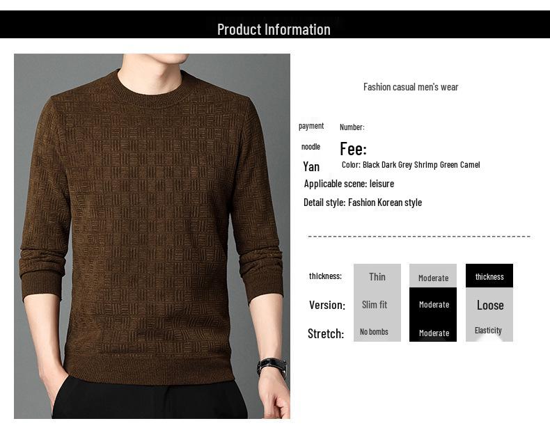 Men's Fleece-lined Jacquard Sweater - Winter Warmth, Round Neck Solid Color Knitwear.