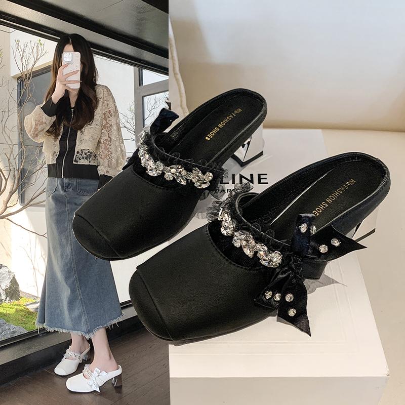 Fashion 2025Spring New Square Head Shallow Mouth Crystal Buckle Bow Soft Sole Non-slip Slippers Bao Head Low Heel Slippers