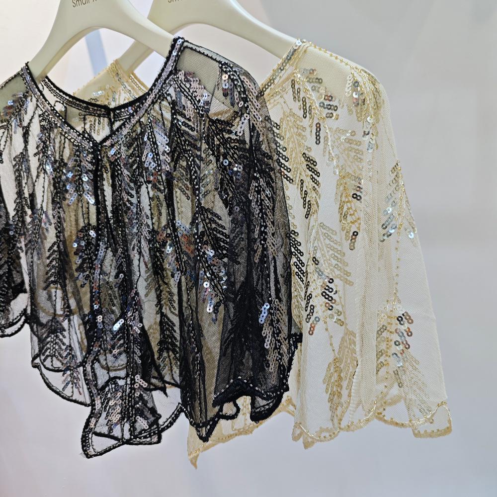 Cheongsam Evening Gown Shawl with Sequined Lace Shrug Cape