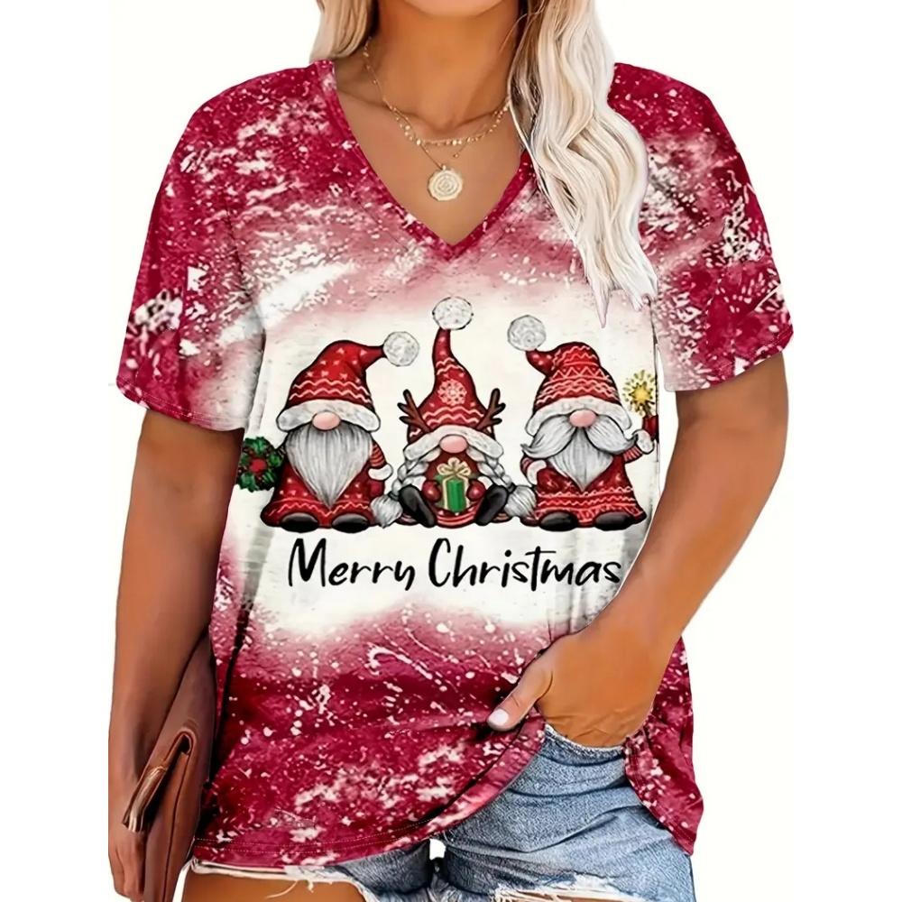 Fashion Red Christmas Day Women's Clothing Summer V-Neck Loose Short Sleeved Father Christmas T-Shirt Trend Hot Selling Styles
