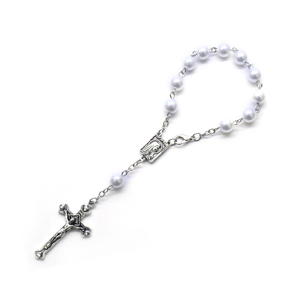 QIGO Car Rosary  One Decade Imitation Pearl Glass Beads Cross Pendant Bracelets For Men Women
