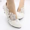 WEDDING Women Pumps PU Lace 3 5 8 CM Thin Heels Summer New White High-heeled Wedding Lace Rhinestone Bridal Shoes Woman Shoe