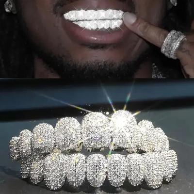 Grillz de Cobre Chapado en Oro Real de 14K con Circonitas – Halloween Hip Hop Exagerado Rap Joyería para Dientes de Diamante