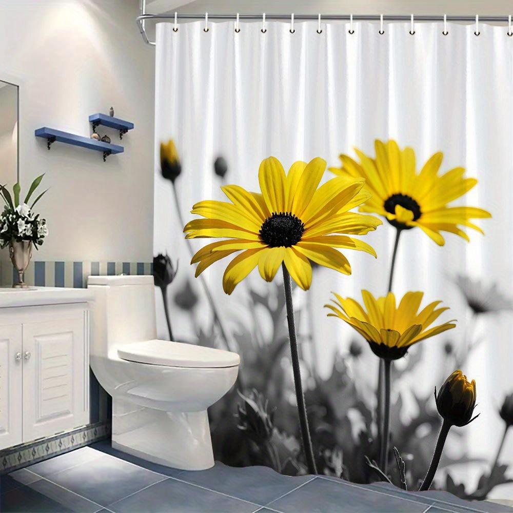 Textile Article Black/White/Yellow 1Pc & Floral Shower Curtain - Vibrant Daisies, Polyester, Machine Washable, Monochrome Bath Decor