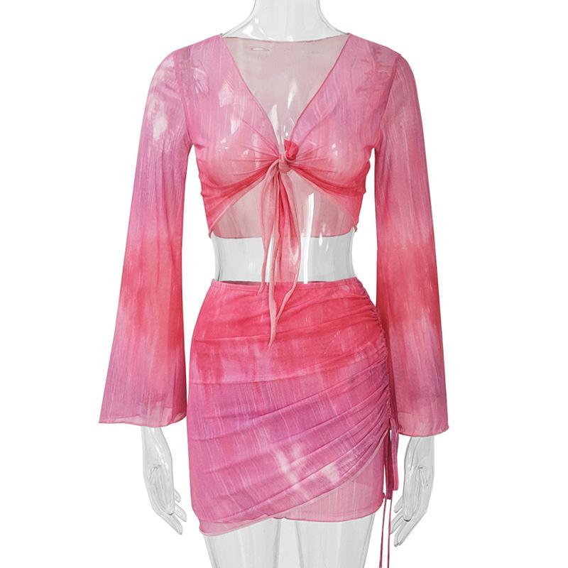 European and American Women's Clothing 2026 Spring Gradual Change V-neck Straps Gradual Change Mesh Horn Sleeve Top Skirt Set