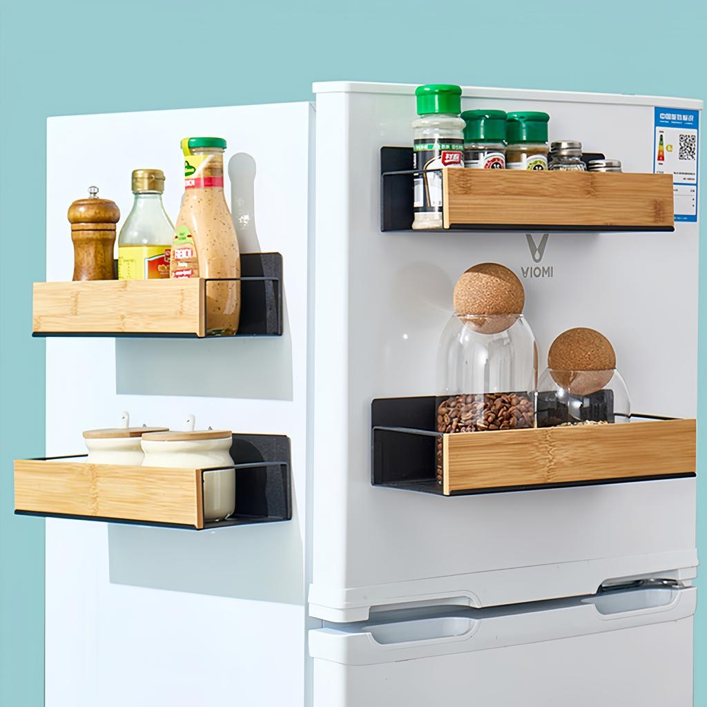 Magnetic Fridge Shelf Spice Storage Rack Black Iron Space Saving for Cabinet on The Side of Refrigerator Kitchen Organizer Shelf