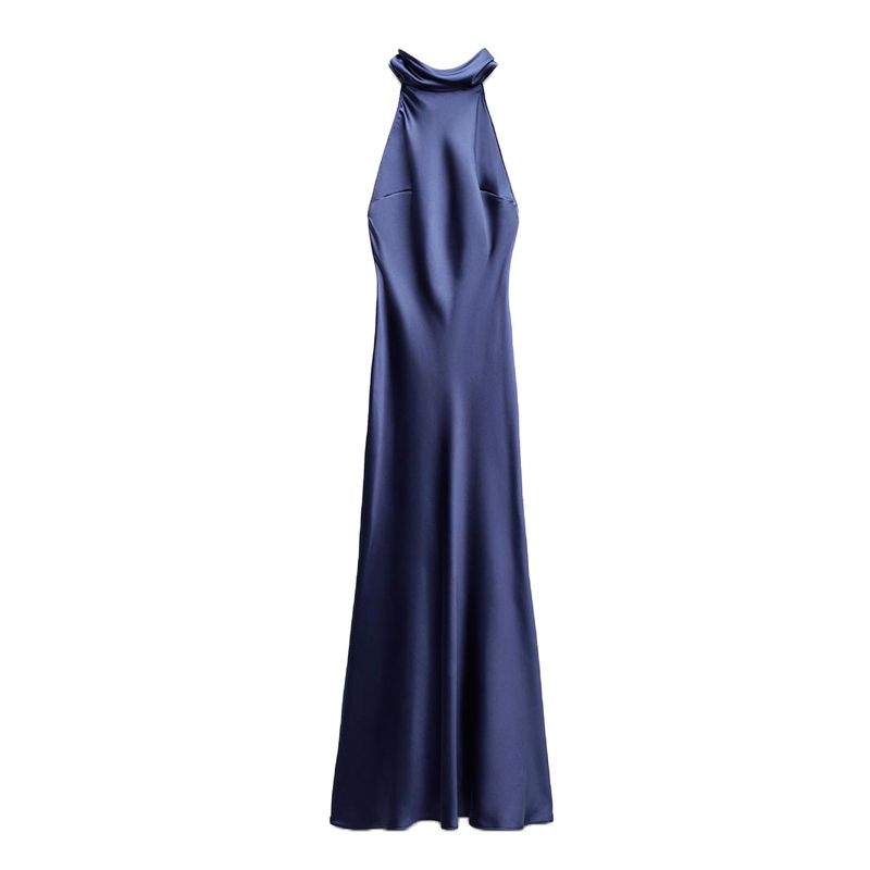 Fall and Winter New Women's Clothing French Elegance Evening Dress Hanging Collar Silk Satin Texture Length Dress 8739331