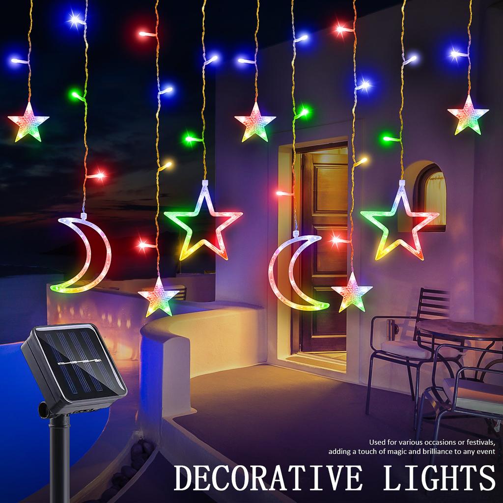 Solar Icicle Lights LED Outdoor Waterproof Moons Stars Curtain Window String with 8 Modes Warm White Hanging Decor for Patio