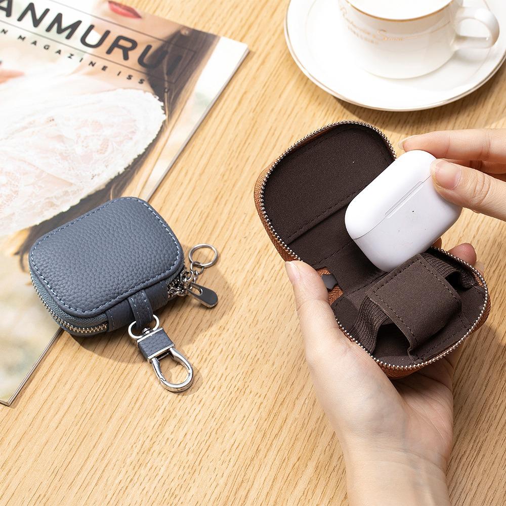 Estuche protector de cuero genuino de color sólido con cremallera cuadrada pequeña para auriculares y llaves Estuche protector de cuero de vaca Estuche para auriculares Bluetooth