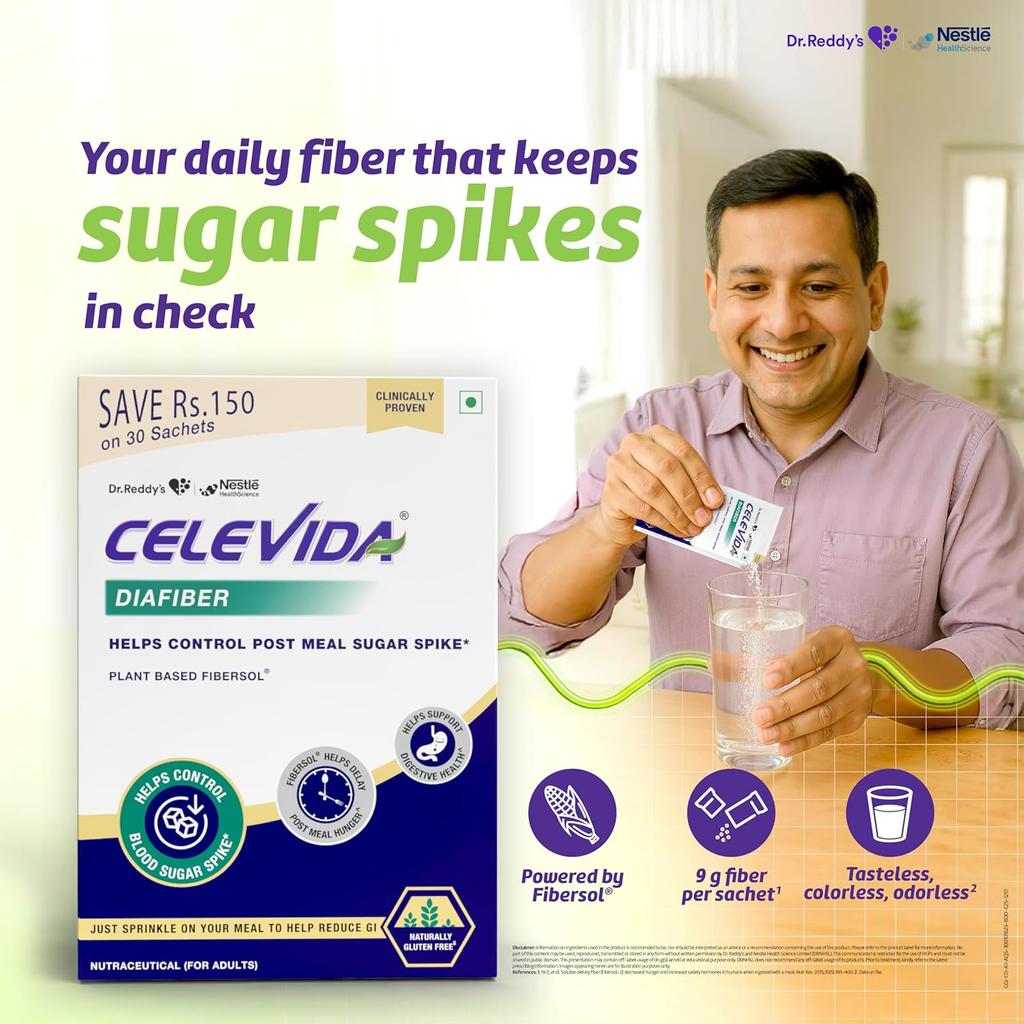 Celevida Diafiber Diabetes Care Supplement | 100% Plant-Based Fibersol for Post Meal Sugar Control | 360g, 30 Sachets Pack of 1