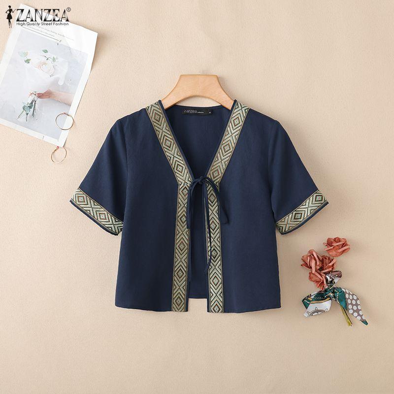 ZANZEA Women Lace-up Open Front Casual Short Sleeve Cardigan Blouse