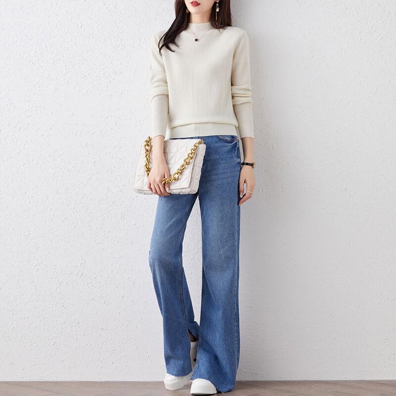 Hengyuanxiang Women's Pure Wool Jacquard Semi-High Collar Sweater