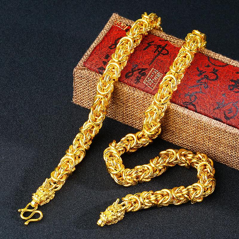 Vietnamese Gold Sand Men's Cloth Dragon Head Necklace, Vietnamese Gold Sand Jewelry, Brass Plated with 24K Gold Necklace