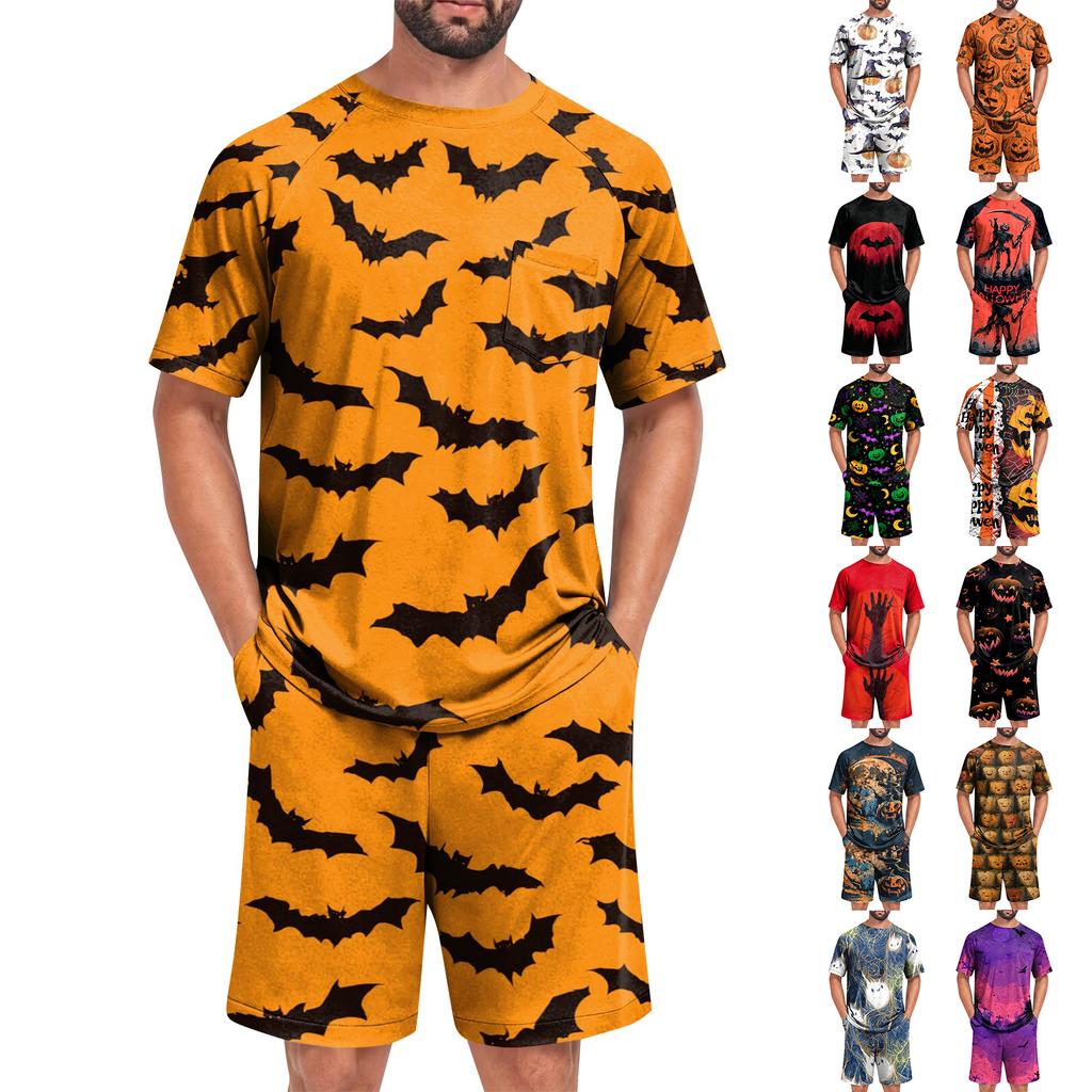 Men's Halloween Casual Pajama Set Short Sleeve Top and Shorts Comfortable Lightweight Sleepwear Set for Home Relaxation
