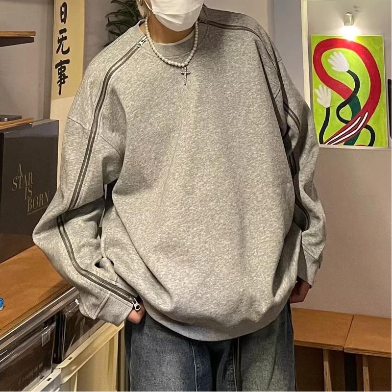 

Весна Осень Новая Мужская Толстовка Серого Цвета с Двойной Молнией и Круглым Вырезом, Нишевая Куртка, Модная Свободная Повседневная Кофта M серый