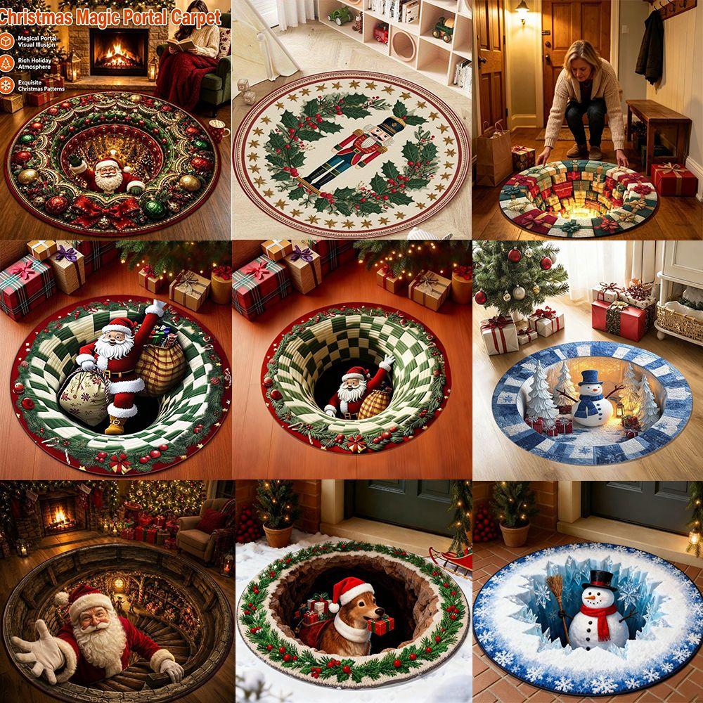 2D Flat Printed 3D Illusion Rug Santa Claus Xmas Home Decor Round Vortex Carpet  Indoor