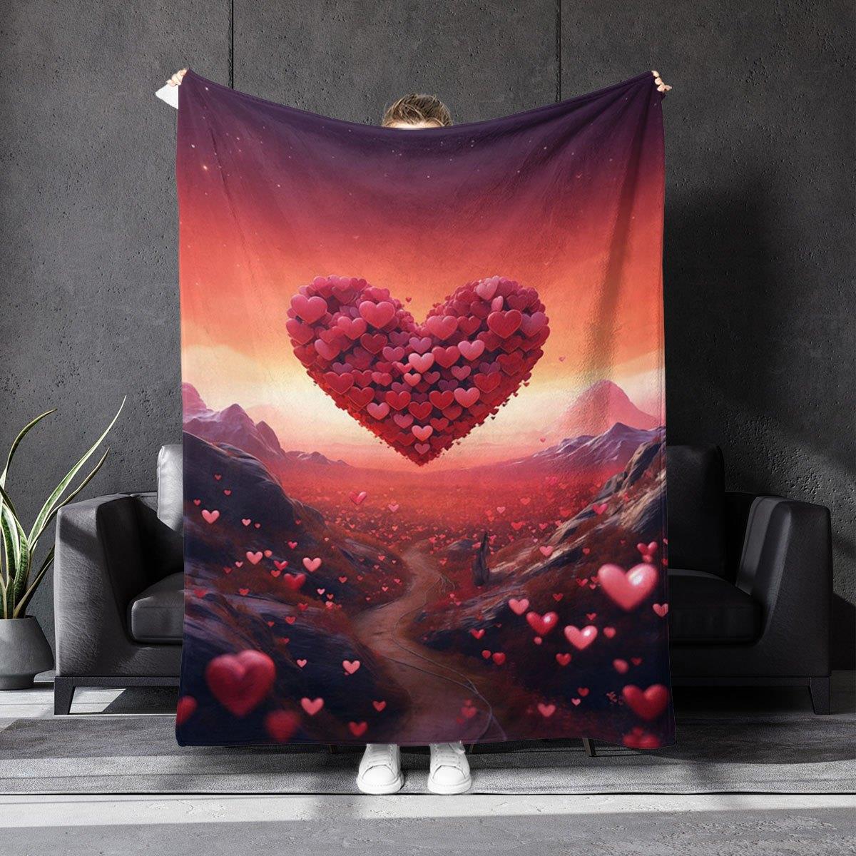 

Red heart and mountain sunset pattern Flannel printed blanket suitable for all seasons for living room office sofa and travel 75x100cm