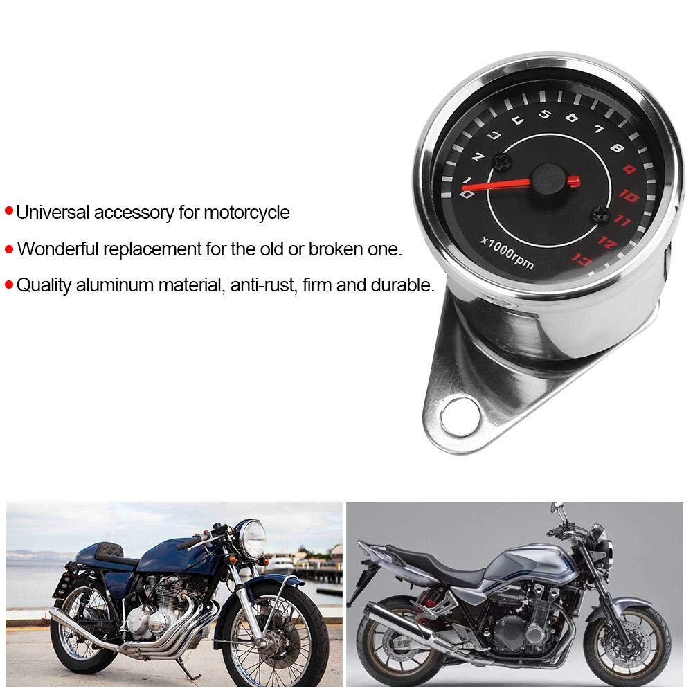Motorcycle Tachometer, Universal Motorcycle Backlight Tachometer Speedometer Aluminum Gauge Replacement (Silver Housing Black Dial)
