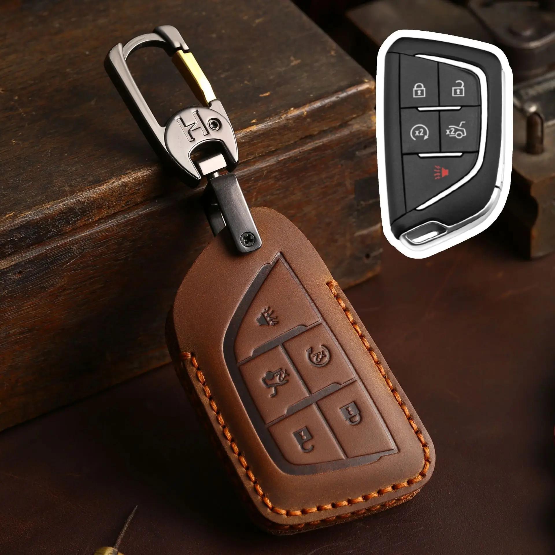 

Leather 5 Bottons For Cadillac CT4 CT5 Escalade Cadillac 2019 2020 2021 2022 Car Key Case Shell Fob Cover Keychain Accessories коричневий
