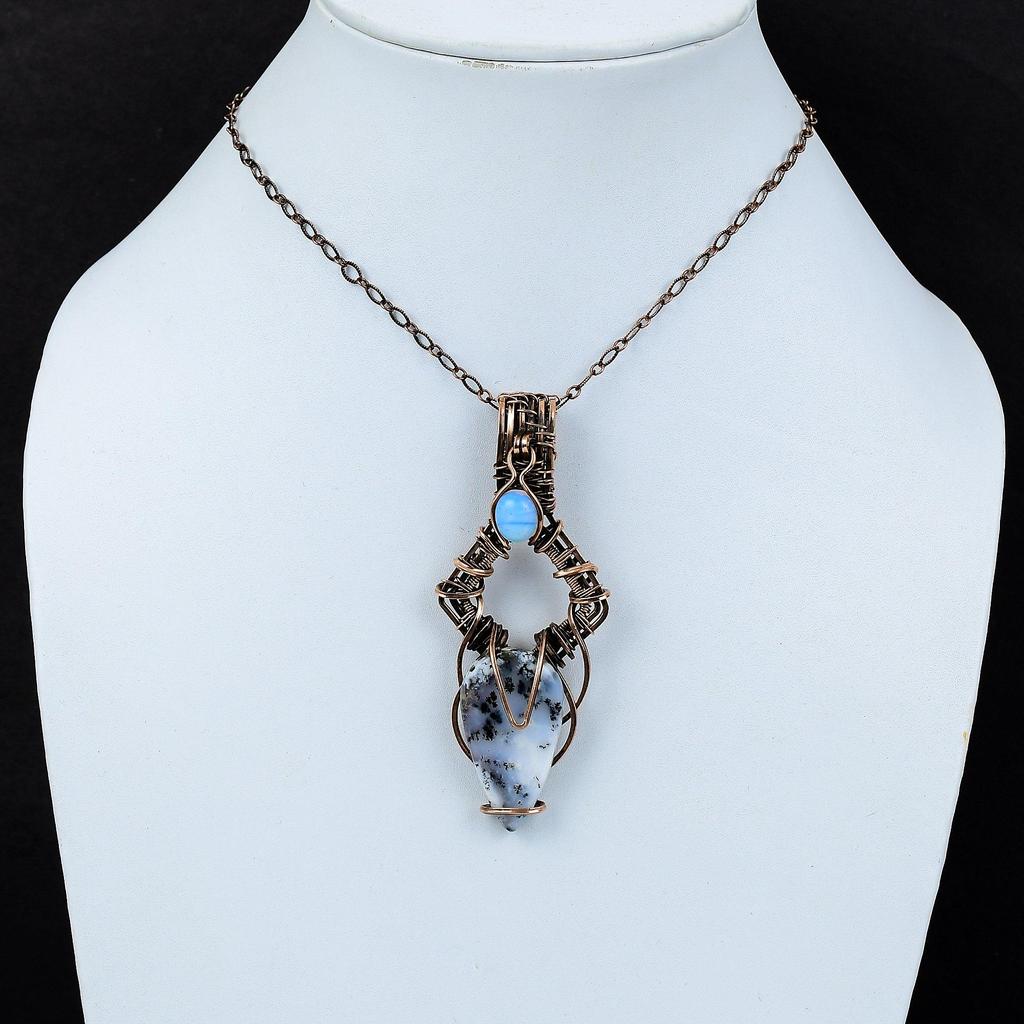 Dendrite Opal Gemstone Pure Copper Wire Wrapped Handmade Pendant Jewelry