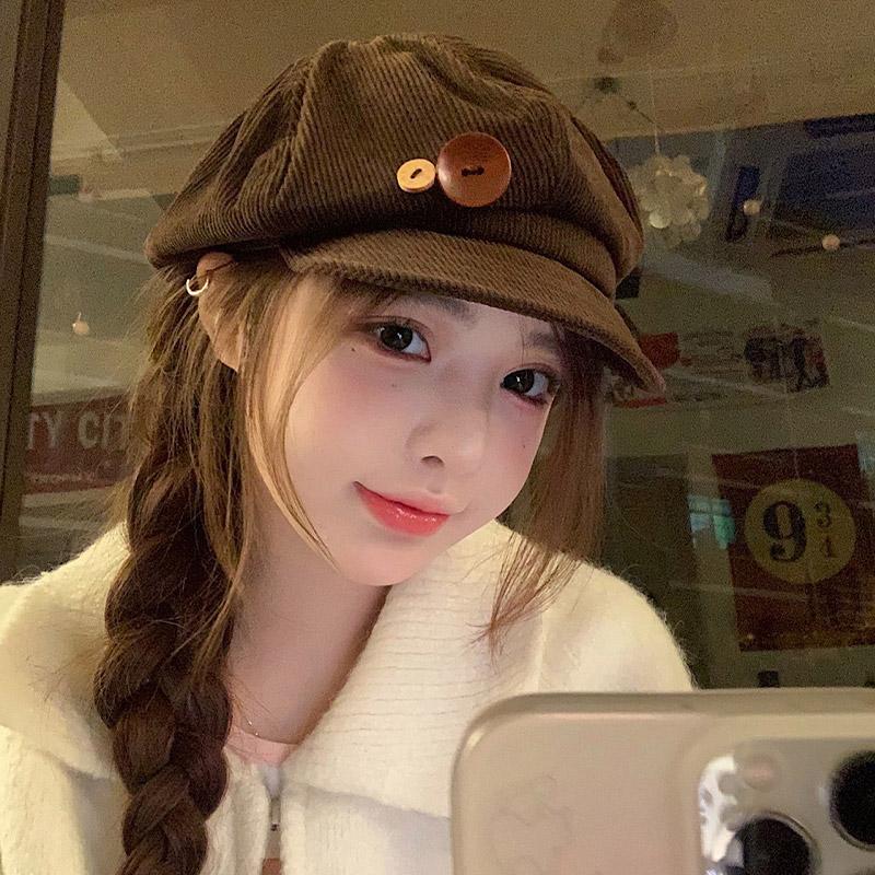 RICYGVM Retro Button Corduroy Octagonal Cap For Women Painter Artist Hat Japanese Girls Brown Peaked Caps Autumn Winter Berets