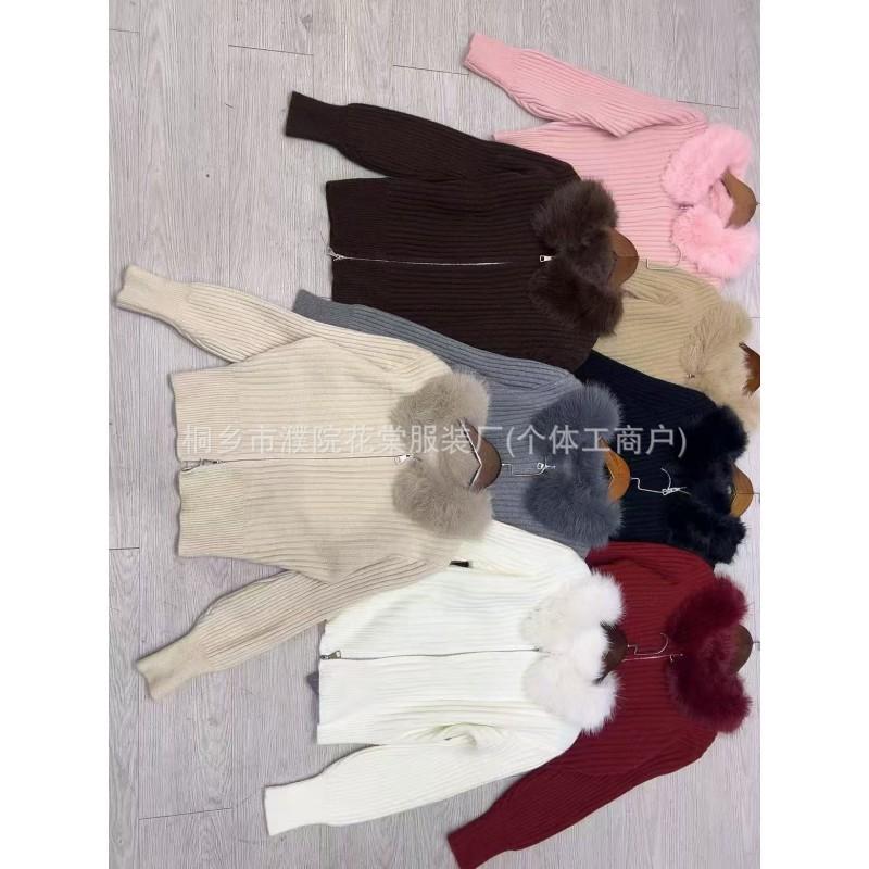 Womens Oversized Knit Cardigan With Faux Fur Collar Double Zipper Casual Warm Sweater Coat Winter