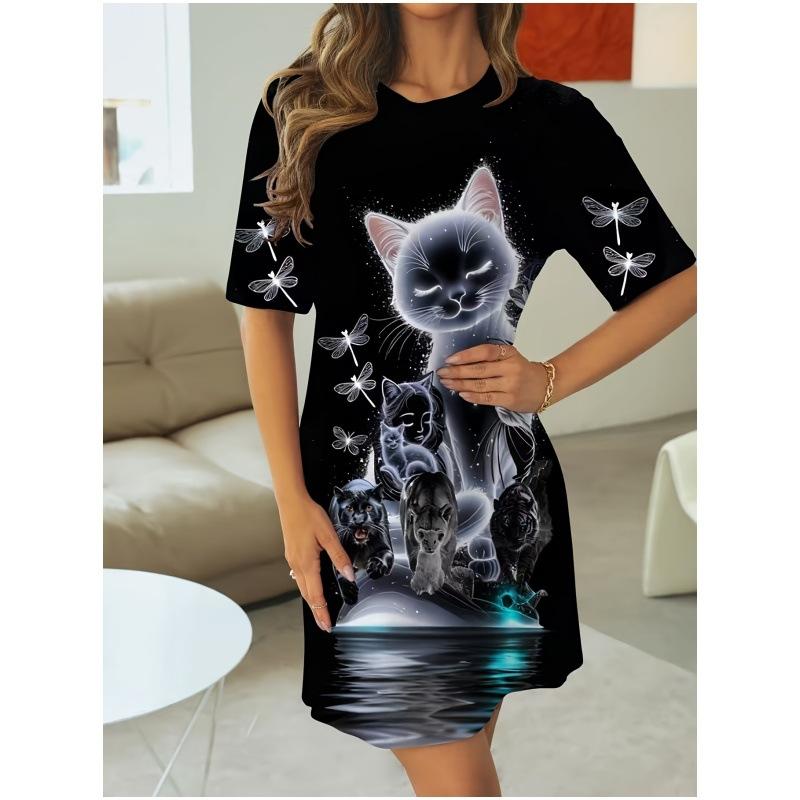 3D-Druck Kleid Damen Nachthemd Cartoon-Katzen-Print kurzärmelig große Größe T-Shirt zum Ausgehen & Tragen von Damen-Pyjamas zu Hause