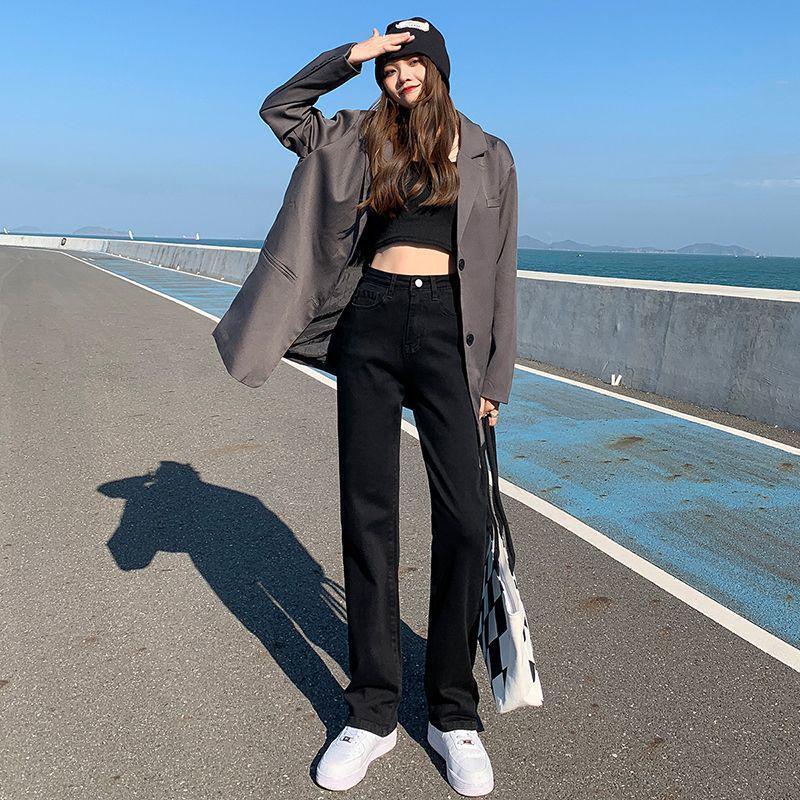 Women s S2026 High-Waist Slim Black Wide-Leg Jeans - Spring Casual Versatile Cigarette Pants L