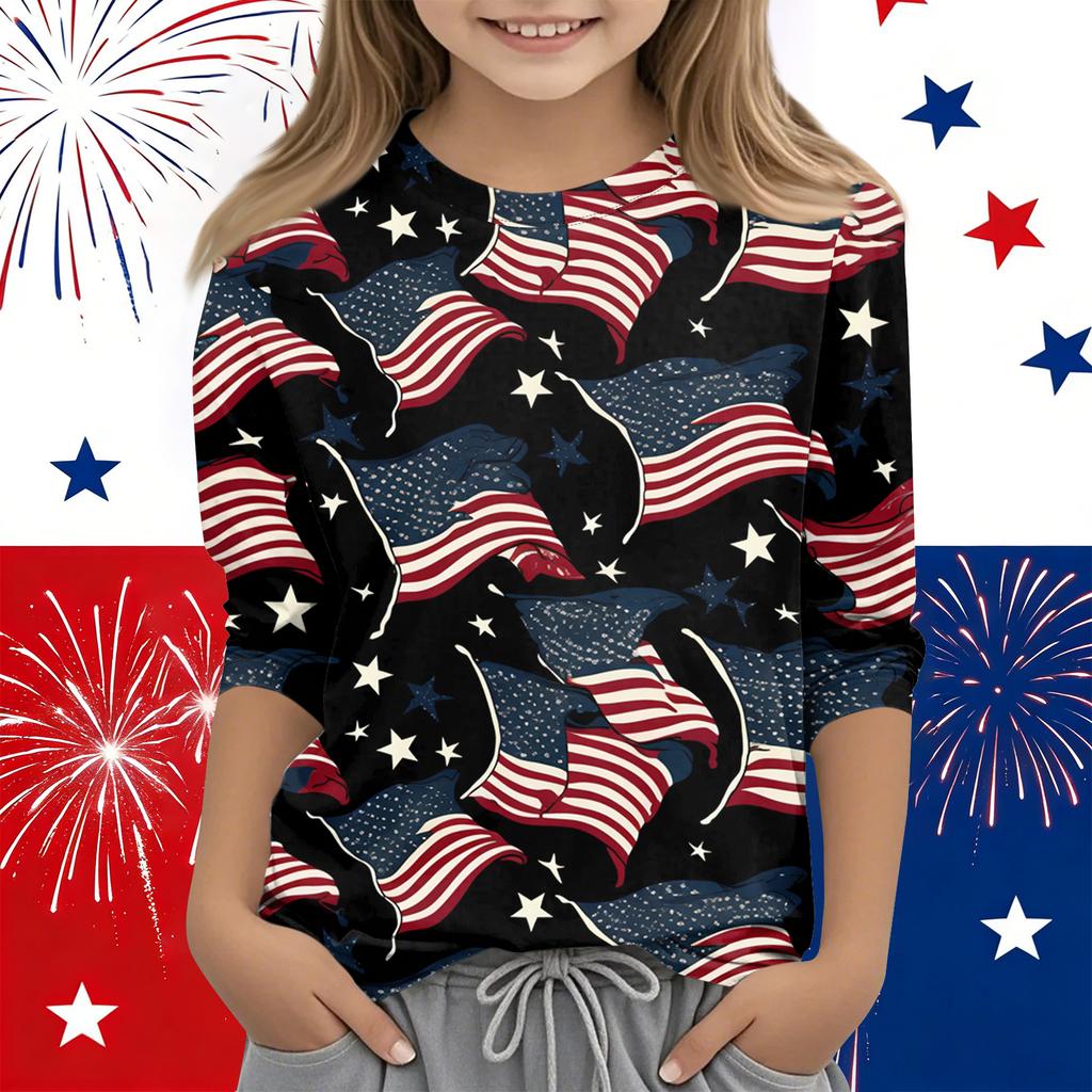 Print Tops For Youth Girls Round Neck 3/4 Sleeves T-Shirts Trendy Tops Outfit Tees Independence Day