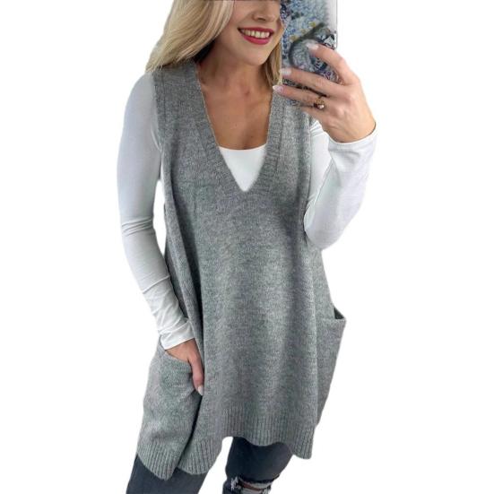 Yousheng Women Sweater V-neck Sleeveless Solid Color Knitting Vest with Pockets Ribbed Trim Loose Fit Mid-length Casual Knitwear