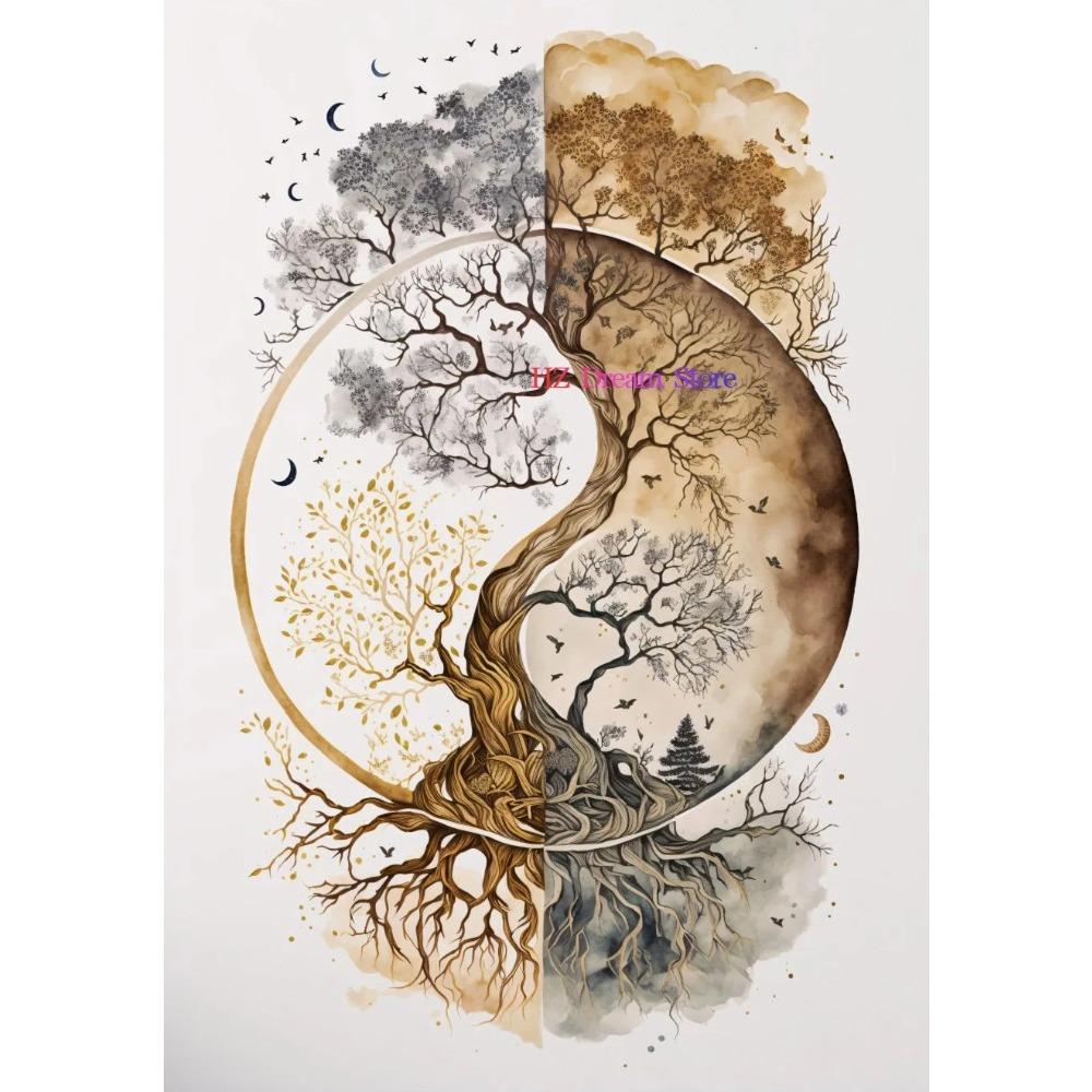 Zen Yoga Meditation Spiritual Vintage Wall Art Poster Print Canvas Painting for Room Home Decor Tree of Life Buddha Lotus Flower