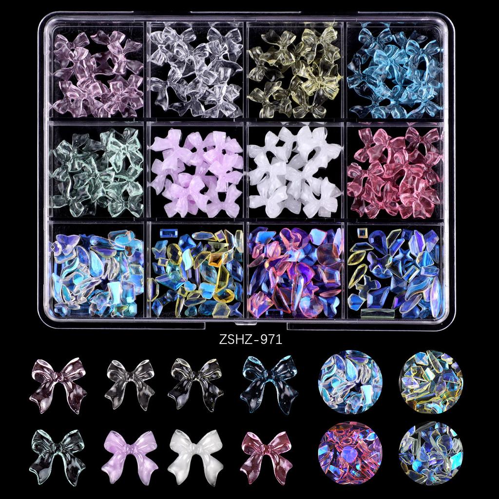 12 Grid Rose Nail Art Alloy Jewelry Resin Bow Camellia Three-Dimensional Flower Mixed Box