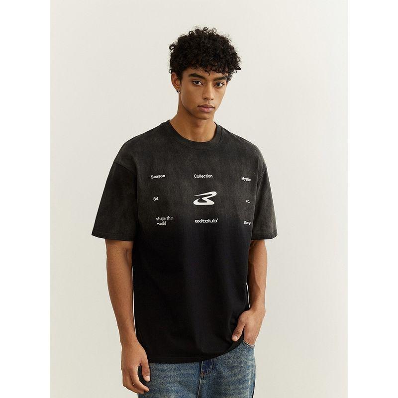 Black of Exit National Trend Washed Gradient Distressed Loose Pure Cotton Short-Sleeve American High Street Heavyweight T-Shirt for Men and Women