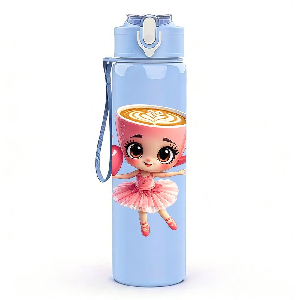 1PC Girl In Teacup Cute Pink Cartoon Print 750ml Color Plastic Sports Water Bottle Leakproof Flip Straw Lid Suitable for Sports Office Home Use