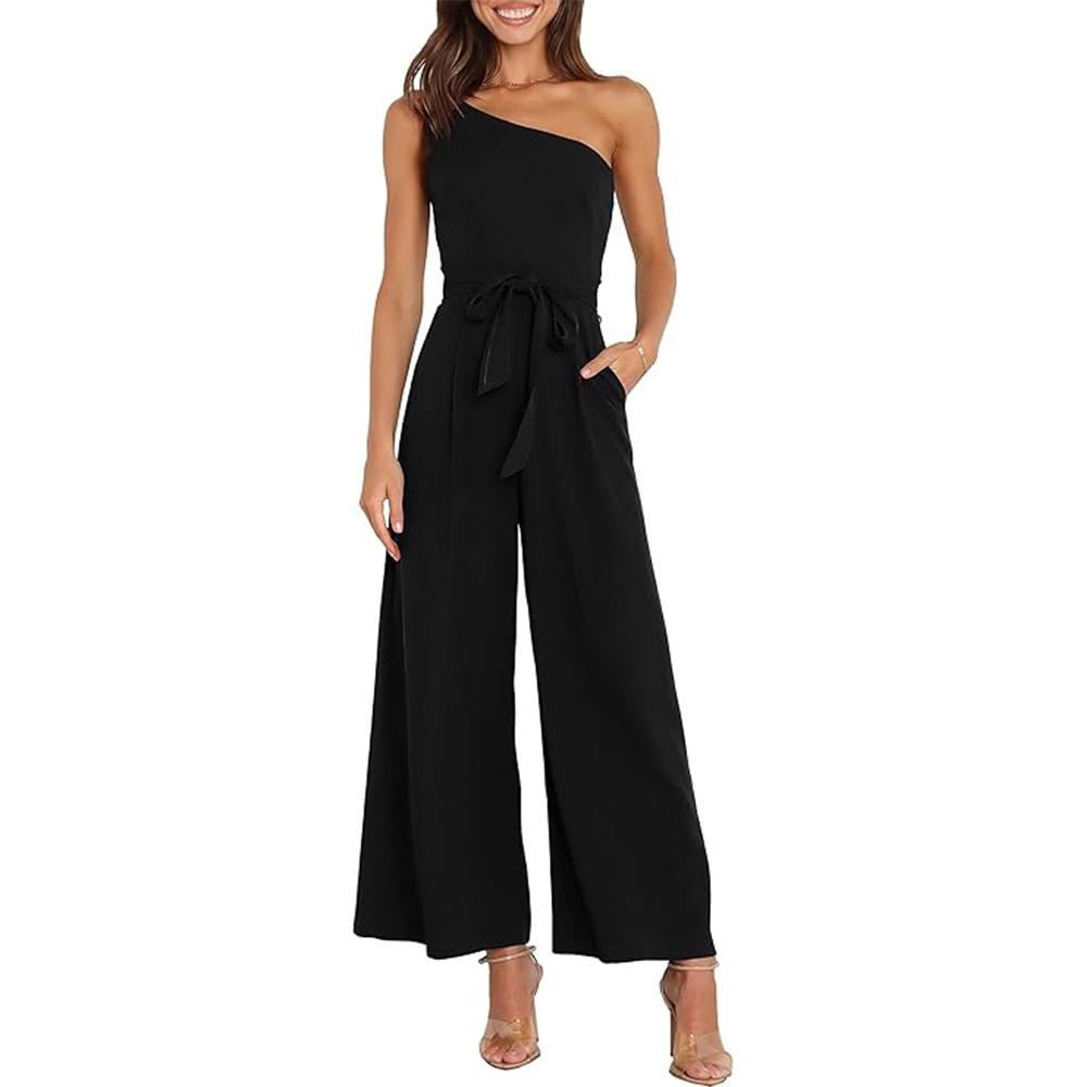 

Women Summer Dressy Jumpsuits One Shoulder Sleeveless Casual Wide Leg Pants Romper Jumper 2025 Trendy Outfits S чорний