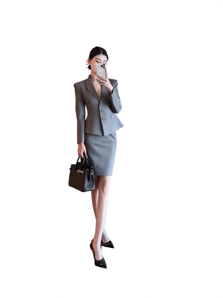 Gray Salt-Style Women's Professional Two-Piece Suit Skirt Set