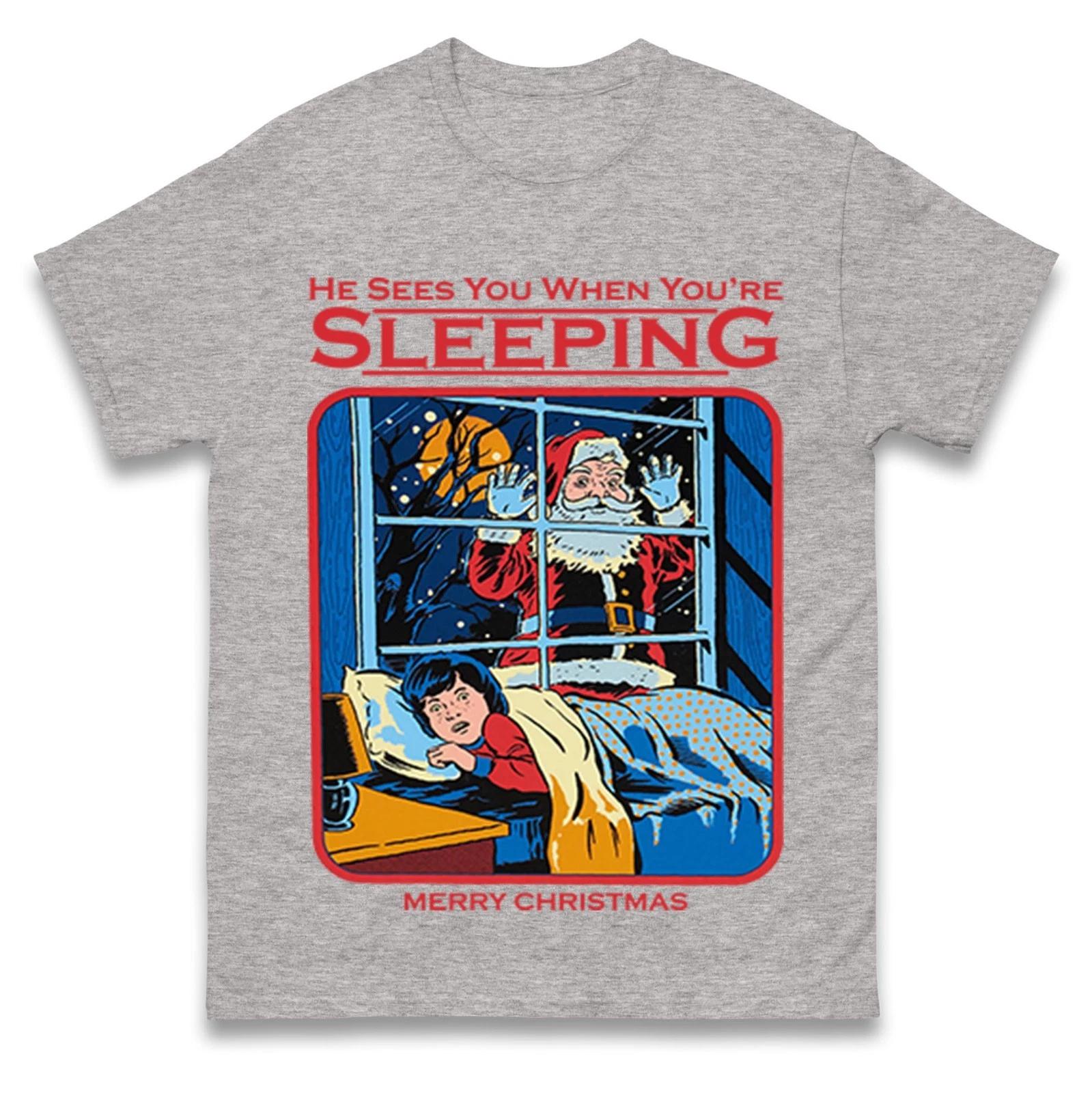 He Sees You When Youre Sleeping Funny Santa Christmas T Shirt Summer Mens Tracksuit Pullover Casual Breathable Sportswear 4XL