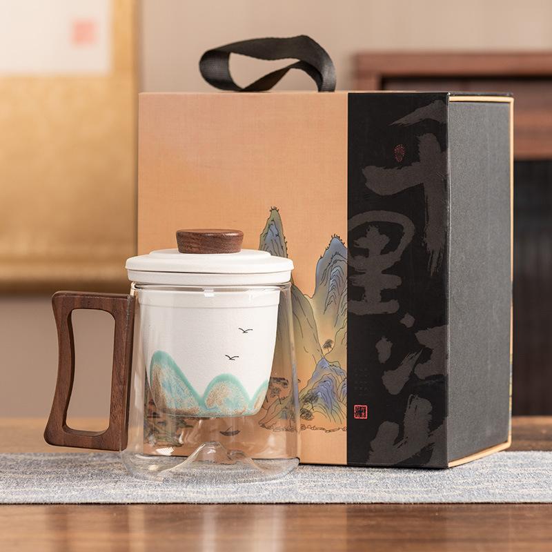 Black sandalwood handle office cup ceramic liner filter glass tea cup high-end anti-scalding gift box portable gift