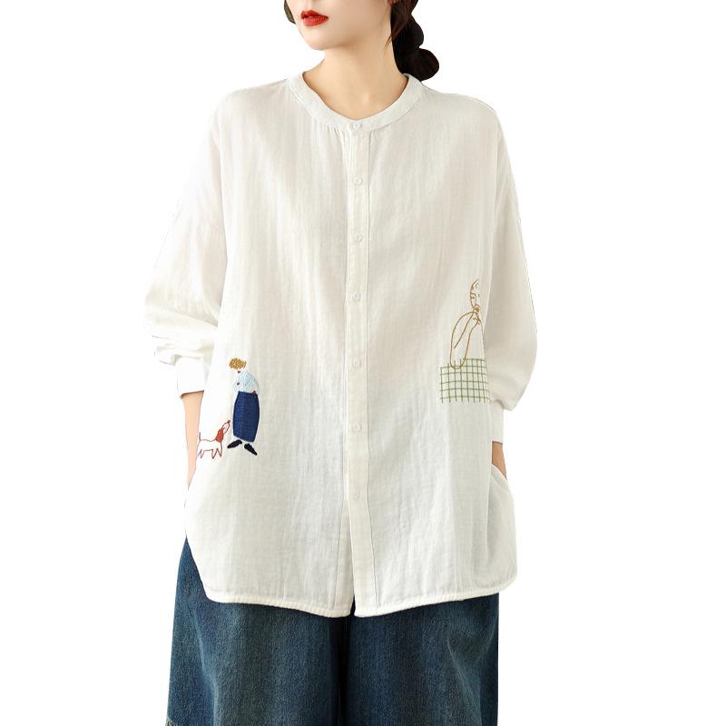 Women's 2025 Cotton Gauze Round Neck Long Sleeve Loose Embroidery Shirt