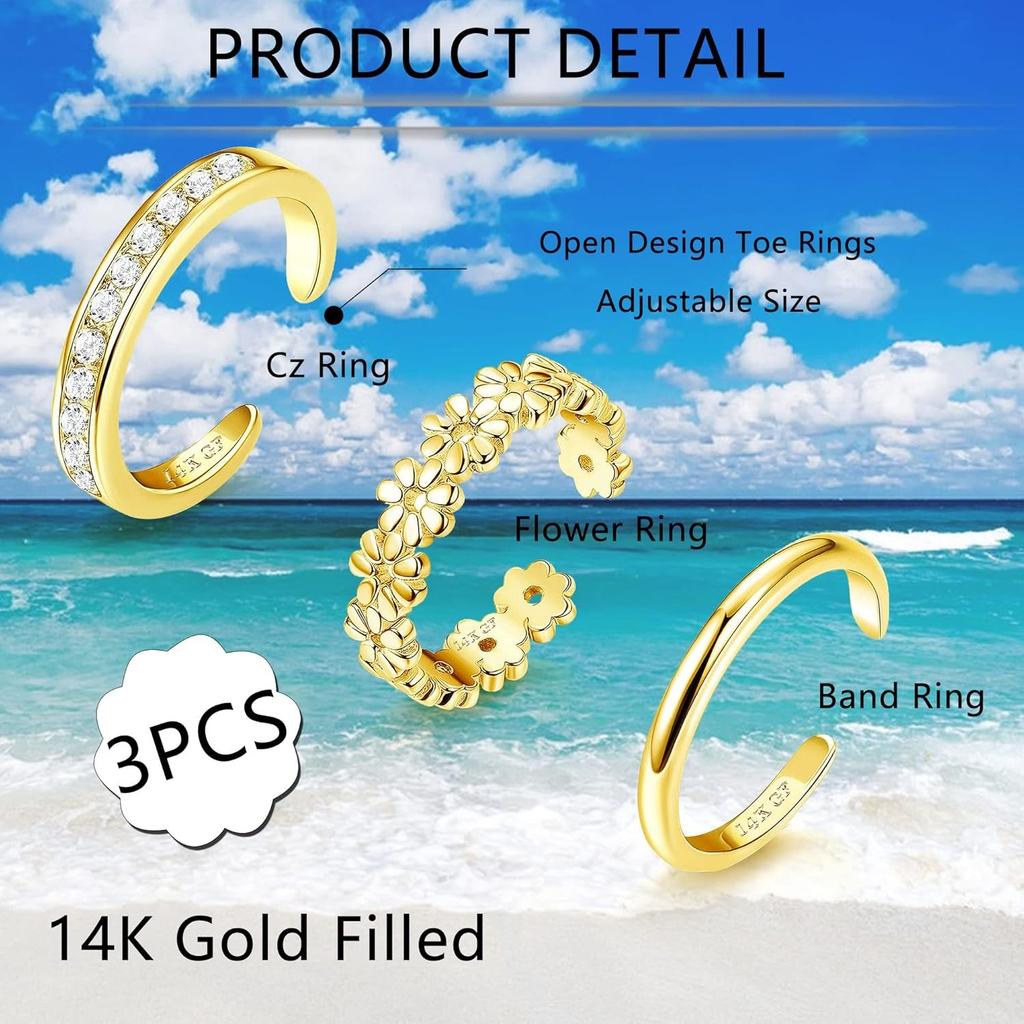 Bobisty 1/3 Pezzi Anelli per Dita dei Piedi Placcati Oro 14K per Donne Non Macchiabili Regolabili Fiore CZ Delicato Anello per Dita dei Piedi Gioielli per Piedi Estivi da Spiaggia