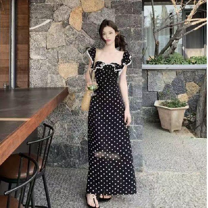 2026 French Style A-line Lace Dot Dress with Puff Sleeves & Square Neck XL