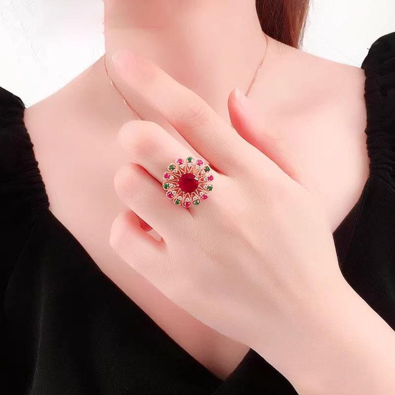 Russian Purple Gold European And American Luxury Color Red Zircon Flower Rose Gold Plated Large Flower Ring Women