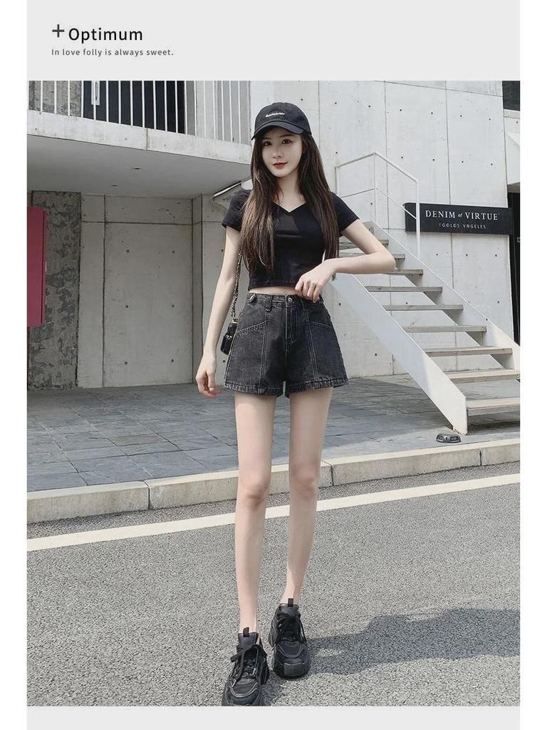 Summer 2021 High-Waist Korean Style Women's Denim Shorts with Side Zipper and Letter Design - Slim, Wide-Leg Hot Pants Trend.