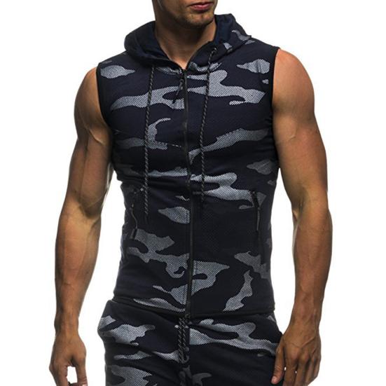 Sommer Herren Gym Fitness Camouflage Mesh Kapuzenpullover mit Reißverschluss Ärmelloses Kapuzen-Tanktop