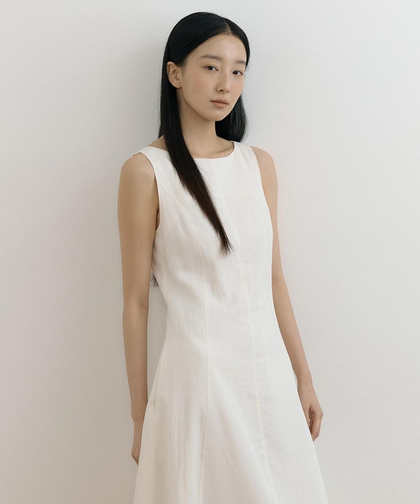Lingseoul Linen Sleeveless Boat Neck Long Flare Dress-Ivory